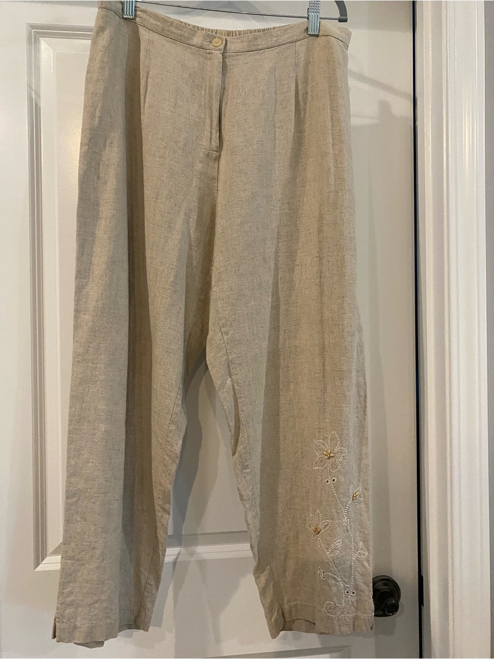Requirements Beige Cropped Wide-Leg Embroidered Linen Blend Pants